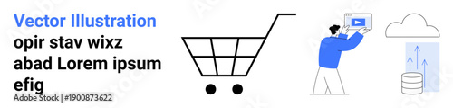Shopping cart alongside cloud storage icon with upward arrows and person watching a video on a tablet. Ideal for e-commerce, technology, cloud storage, online shopping, tutorials, digital business