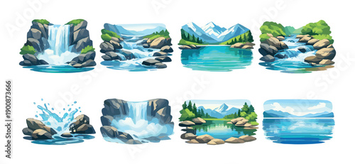 Scenic nature landscapes: waterfalls, mountains, rivers, and lakes illustrations