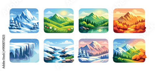 Colorful landscape icons depicting seasonal changes from winter to autumn