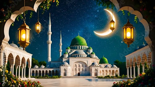 Majestic white mosque with green domes and soaring minarets reflected in calm turquoise water under a golden crescent moon.