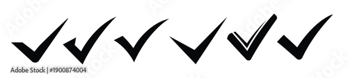 set of six black check mark symbols in style for design and