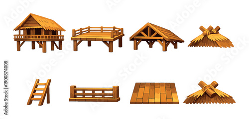 Rustic wooden construction elements and tools collection