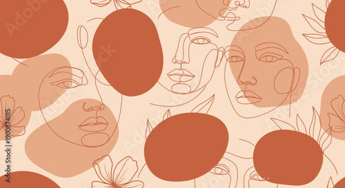 Minimalist line art faces with flowers and leaves in warm tones