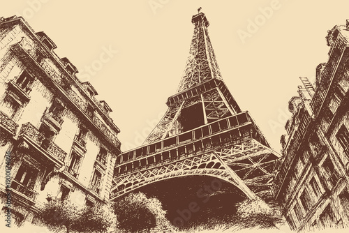 Eiffel Tower, Paris, France illustration in a vintage style. This vector illustration can be used in any size you like for advertising, logos, and other work.
