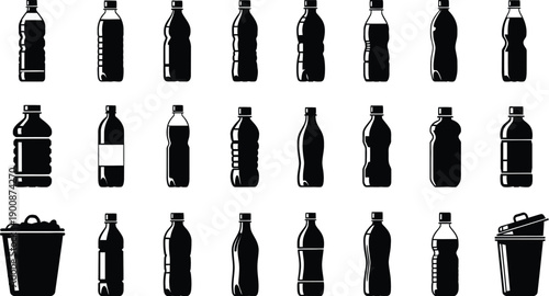 Plastic bottle silhouettes set with recycling bin and trash can icons