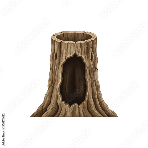 Enchanted Forest Tree Hollow I Hollow Tree Stump Illustration I Distressed Old Oak Stump with Cavity