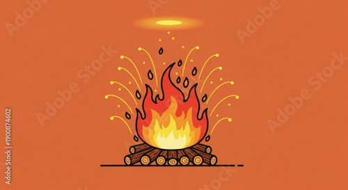 Vibrant campfire burns with bright orange flames and sparks on wooden logs against a warm orange background