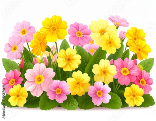 Close Up of Pink and Yellow Primroses with Green Leaves on White Background