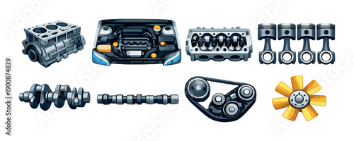 Engine components collection: pistons, crankshaft, camshaft, timing belt, cylinder