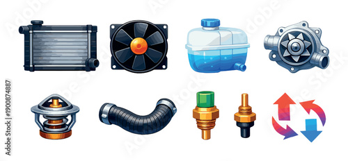 Automotive parts set: radiator, fan, reservoir, pump, sensor, hose, thermostat