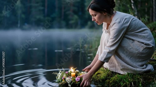 Woman placing floating candle wreath on forest lake at dusk