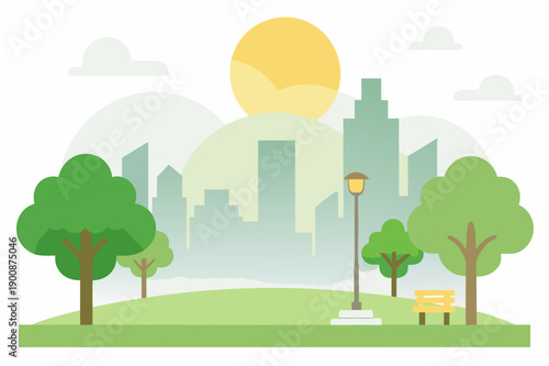 City Park Morning Scene with Sunlight Mist and Trees