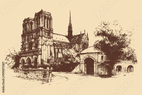 Notre-Dame de Paris, France illustration in a vintage style. This vector illustration can be used in any size you like for advertising, logos, and other work.