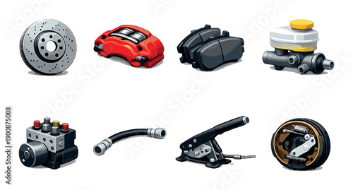 Automotive brake system components illustrated: disk, caliper, pads, master cylinder, fluid reservoir