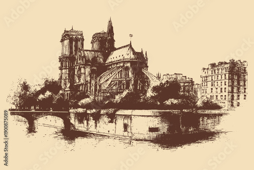 Notre-Dame de Paris, France illustration in a vintage style. This vector illustration can be used in any size you like for advertising, logos, and other work.