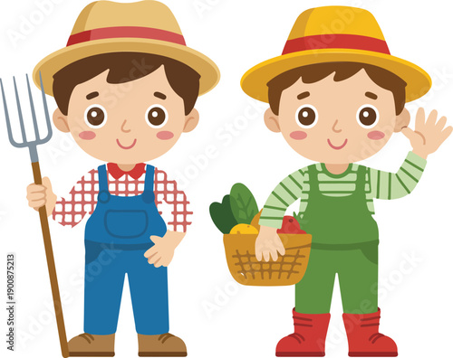 Cartoon Farmer Kids Vector Illustration – Children Gardening with Vegetables and Tools