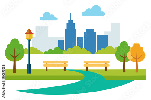 Urban Riverside Park with Walking Paths and Benches