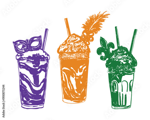 Festive Cocktail Mardi Gras Set with Colorful Carnival Dessert Drinks