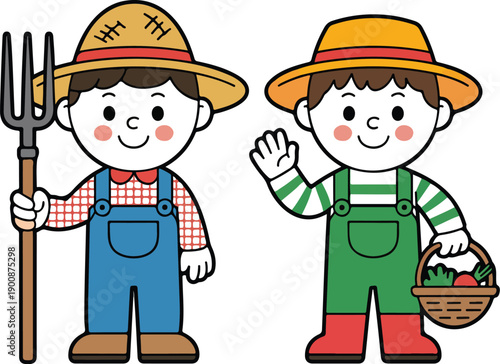 Cartoon Farmer Kids Vector Illustration – Children Gardening with Vegetables and Tools