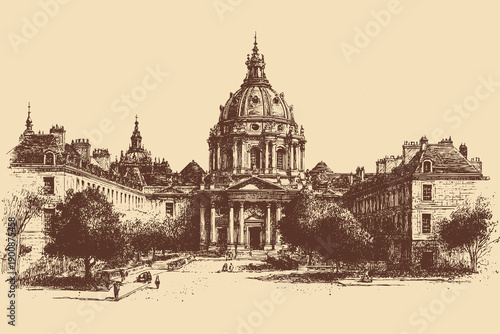 Palace of Versailles, Versailles, France illustration in a vintage style. This vector illustration can be used in any size you like for advertising, logos, and other work.