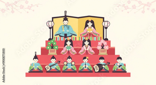 Traditional japanese family in kimono sitting on red steps with musical instruments