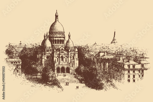 Sacre Coeur, Paris, France illustration in a vintage style. This vector illustration can be used in any size you like for advertising, logos, and other work.