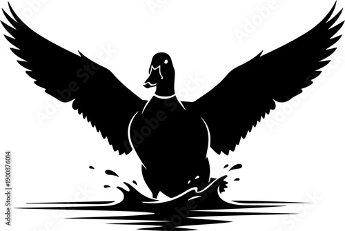 Graceful duck landing silhouette vector illustration