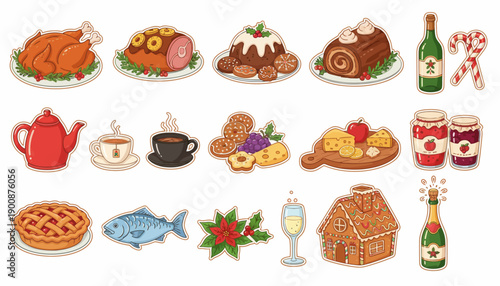Holiday Food Vector Collection – Festive Turkey, Ham, Puddings, Cookies, Gingerbread House, Pie, Cheese Board, Wine, Candy Canes, Poinsettia, Decorative Clipart for Seasonal Design Projects