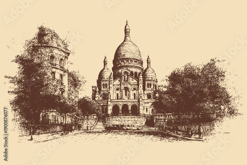 Sacre Coeur, Paris, France illustration in a vintage style. This vector illustration can be used in any size you like for advertising, logos, and other work.