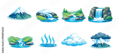 Set of eight stylized nature icons including mountain, waterfall, and river