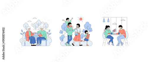 Family Activities and Conversations Vector Illustration Set