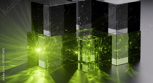 Luminous green cubes arranged in geometric formation with radiant light effects