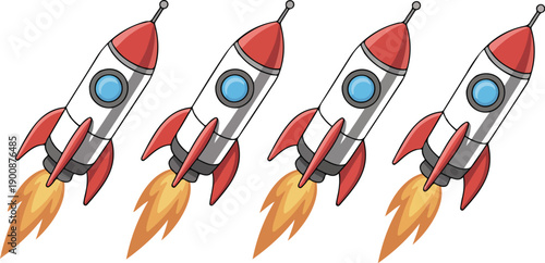 Cute Cartoon Rocket Ships Vector – Launching Space Rockets with Fire Trail