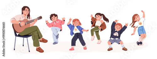 Children dancing, teacher playing guitar. Happy kids, active joyful preschool group moving to music with fun and energy. Boys and girls dance. Flat vector illustration isolated on white background