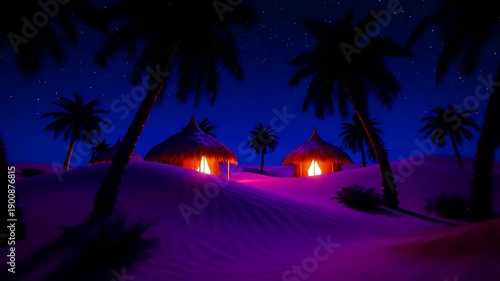 Serene desert oasis scene features warmly illuminated thatched huts nestled among purple sand dunes under a vibrant, star-filled night sky.