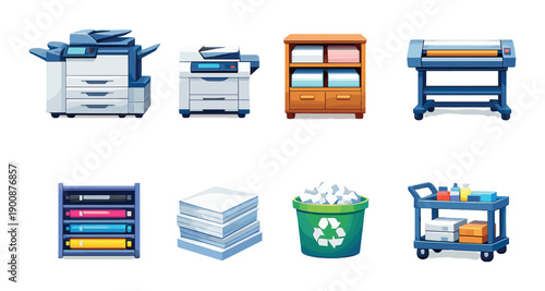 Office equipment icons: printers, copier, paper, recycling, supplies