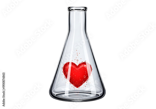 Red heart with bubbles inside a clear glass laboratory flask love science