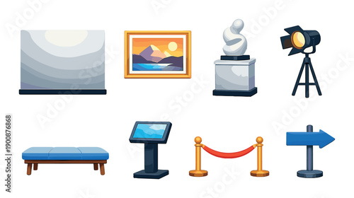 Art gallery icons set featuring painting, sculpture, lighting, and directional arrow elements