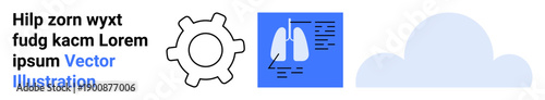 Software development, medical diagnostics, cloud storage, data visualization, health monitoring, futuristic concepts. Gear, lungs graphic cloud symbol. Software development and medical diagnostics