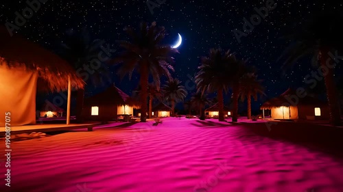 Serene desert night scene featuring illuminated oasis tents beneath a vibrant crescent moon and a densely star-filled celestial expanse.
