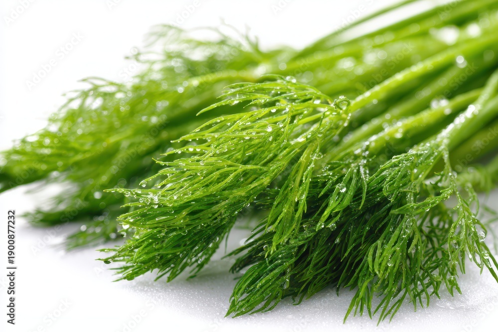 Fototapeta premium Fresh dill arranged on a clean white backdrop under soft lighting