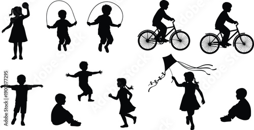 Collection of children playing silhouettes showing kids jumping rope, cycling, running, sitting, flying kite and playful activities, childhood lifestyle, isolated vector illustration