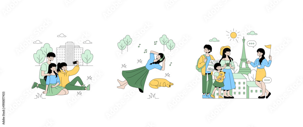 Fototapeta premium Family Scenes Outdoors Vector Illustration Set