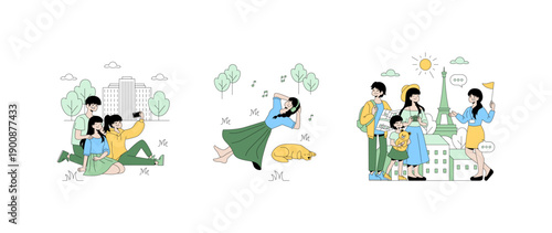 Family Scenes Outdoors Vector Illustration Set