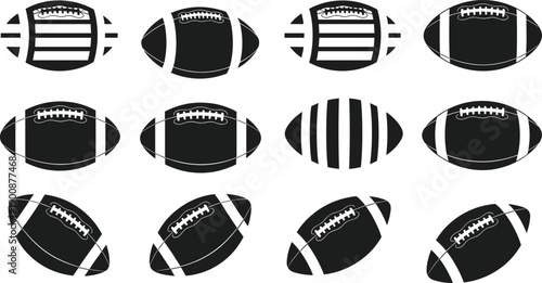Set of American football ball silhouettes and vector icons for sports design, college league graphics, championship logos, and athletic equipment branding on white background.