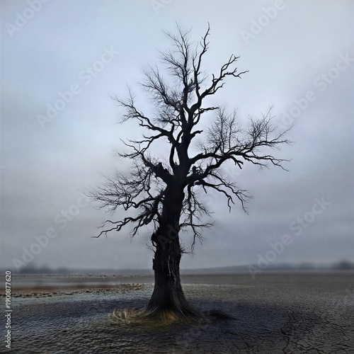 Lonely Bare Tree in Empty Field Minimal Winter Landscape