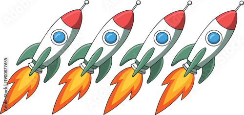 Cute Cartoon Rocket Ships Vector – Launching Space Rockets with Fire Trail