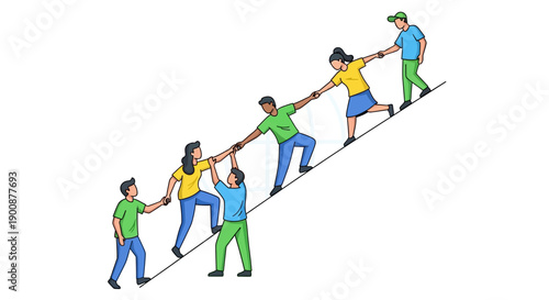 Illustration of diverse people pulling a rope together in a line, symbolizing teamwork and global solidarity for social impact and sustainable development on a clean white background.