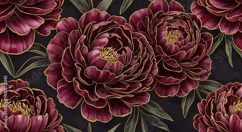 Vibrant peony flowers with gold accents on dark background