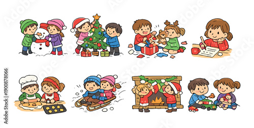 Festive cartoon scenes of children celebrating christmas with decorations and winter fun